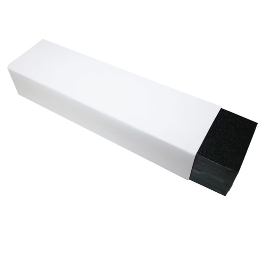 A long, rectangular pen box featuring a white body and black base, with a smooth finish and a logo on one side.