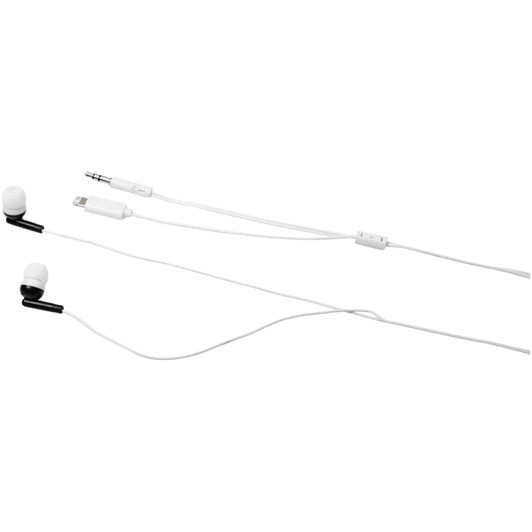 Wired earbuds in white with multi-tips and a logo, featuring a standard audio jack and a connector.