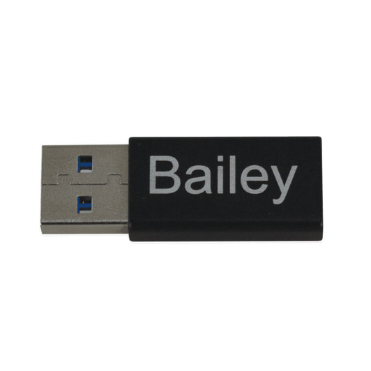A USB C adapter in black with a silver branding logo, featuring a blue USB connector.
