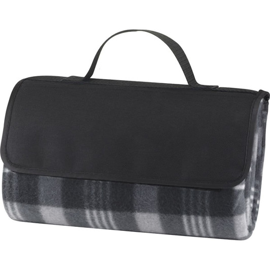 A grey and black picnic rug with a flap and carry handle, featuring a checkered pattern. It has a logo on the front.