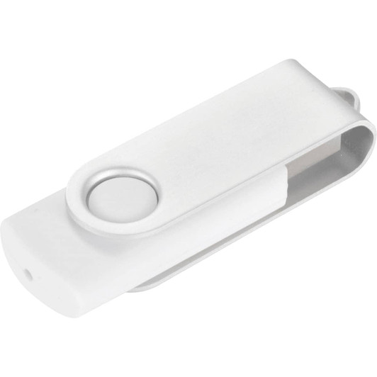 A white USB flash drive with a rotating cap and a circular button, featuring a simple design and a logo.