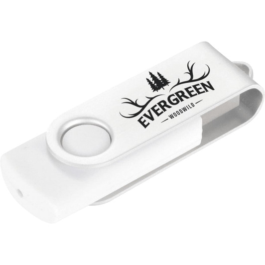 A white USB flash drive with a rotating mechanism and a logo featuring trees and text.