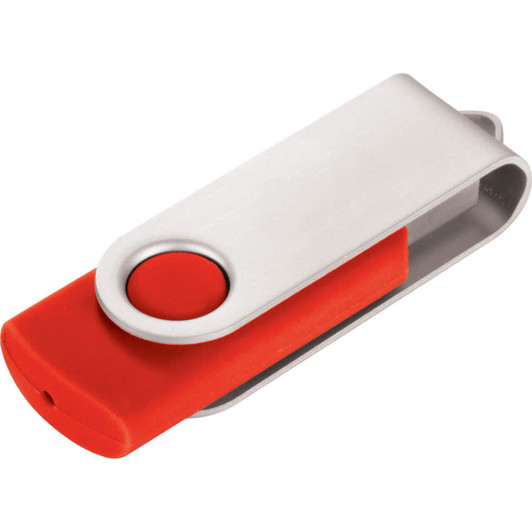 A silver and red USB flash drive with a swivel design. It includes a logo on its surface.