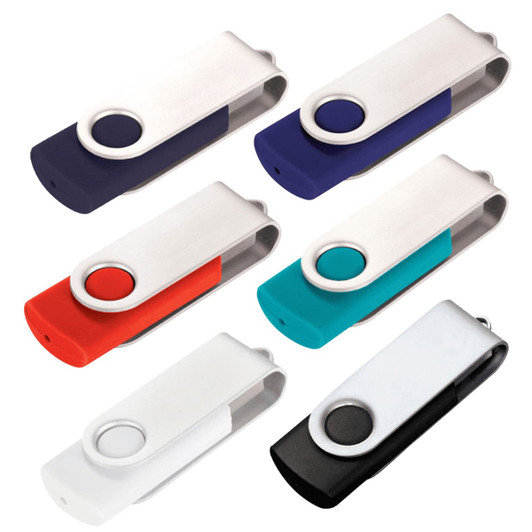 A set of six Rotate USB flash drives in navy, red, teal, white, black, and purple, featuring a logo. Each drive is 8GB.