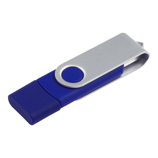 A blue and silver dual USB flash drive, featuring a swivel design and 8GB storage capacity.