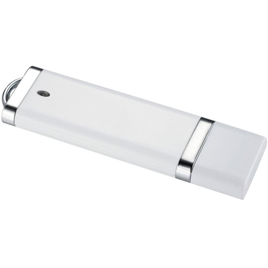 A white USB flash drive with silver accents, featuring a sleek design and a small logo on the body.