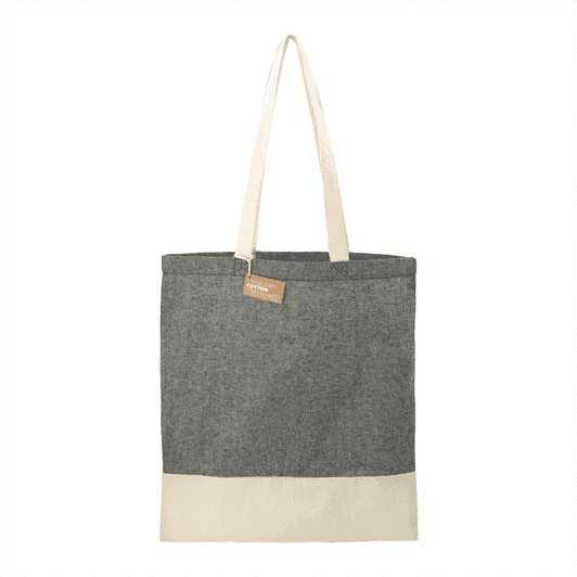 A grey and cream tote bag made from recycled cotton twill, featuring a logo and two sturdy handles.