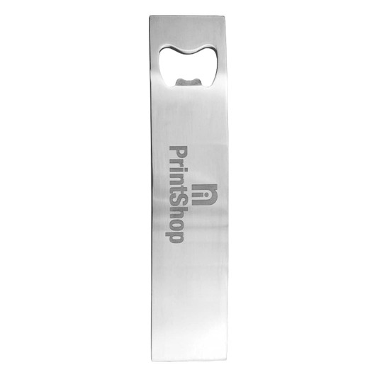 A drink bottle opener in a sleek stainless steel design, featuring a logo on the surface.