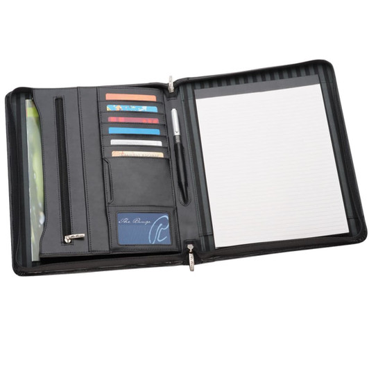 A black leather compendium featuring card slots, a zip pocket, and notepad space. Includes a pen and has a logo.