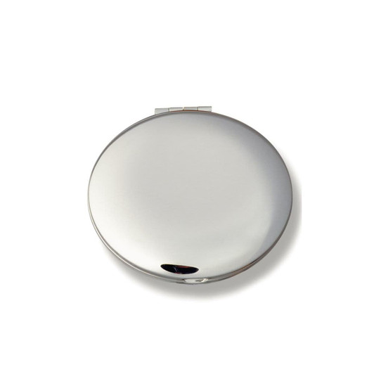 A silver compact mirror with a sleek, reflective surface and a clasp closure.
