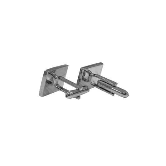 A pair of silver cufflinks with a simple square design, featuring a metallic finish and a branding logo.