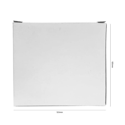 A white standard box with dimensions shown, featuring a plain design and a logo on one side.