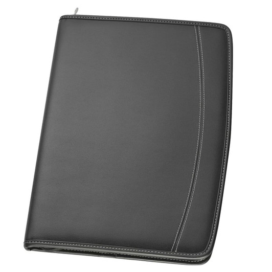A black imitation leather zip compendium with contrasting stitching, featuring a logo on the front.