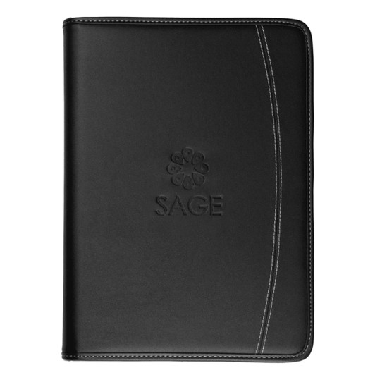 A black imitation leather compendium featuring a decorative logo and stitching detail on the front cover.