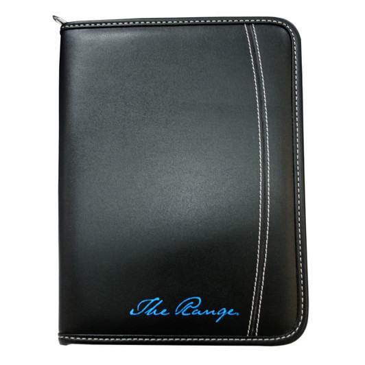 A5 zippered compendium in black with white stitching and a blue logo branding on the front.