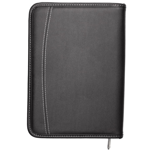 A5 zippered compendium in black with decorative stitching, featuring a sleek design and a pen holder.