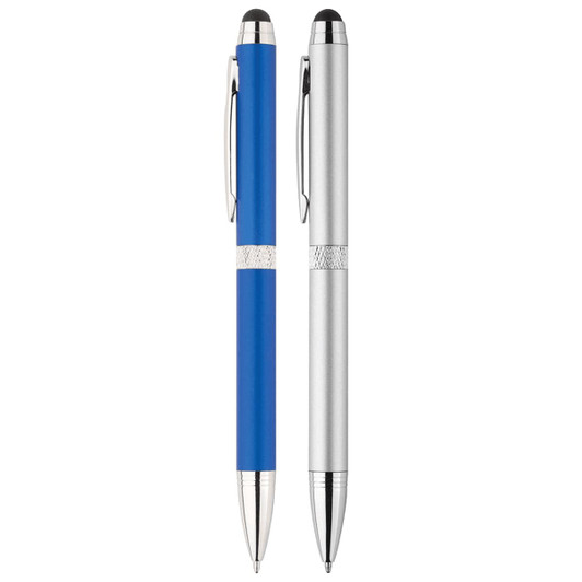 A set of two metal stylus pens, one blue and one silver, featuring a decorative band and a logo.