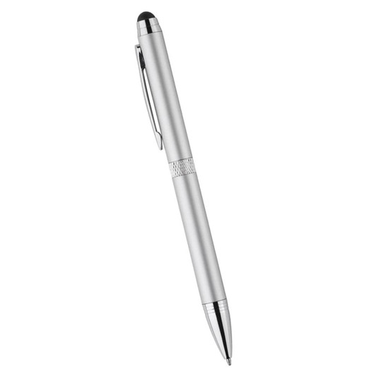 A silver metal stylus pen with a sleek design and a clip, featuring a branding logo.