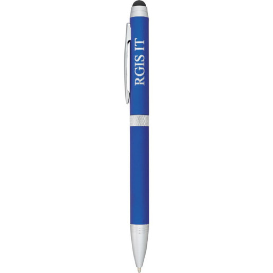 A blue metal stylus pen with a silver clip and band, featuring branding. Ideal for writing and touchscreen use.