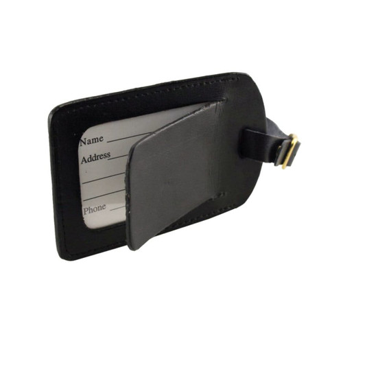 A black luggage tag with a transparent window for contact information and a buckle strap. It has a simple, sleek design.