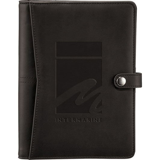 A black padfolio with a snap closure, featuring a logo on the cover.