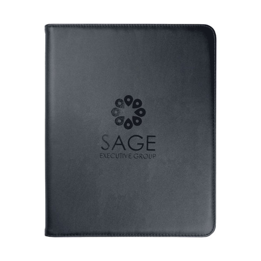A black imitation leather zip compendium featuring a logo on the front cover.