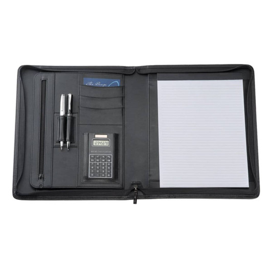 A black bonded leather compendium featuring a calculator, two pens, card slots, and a notepad.
