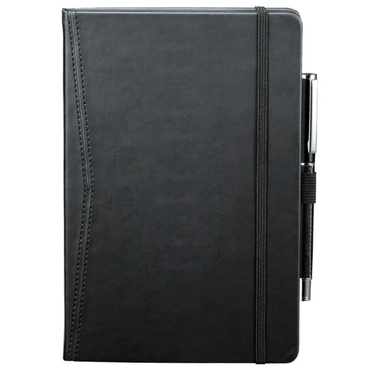 A black pocket bound journal with an elastic closure and a pen holder on the side.