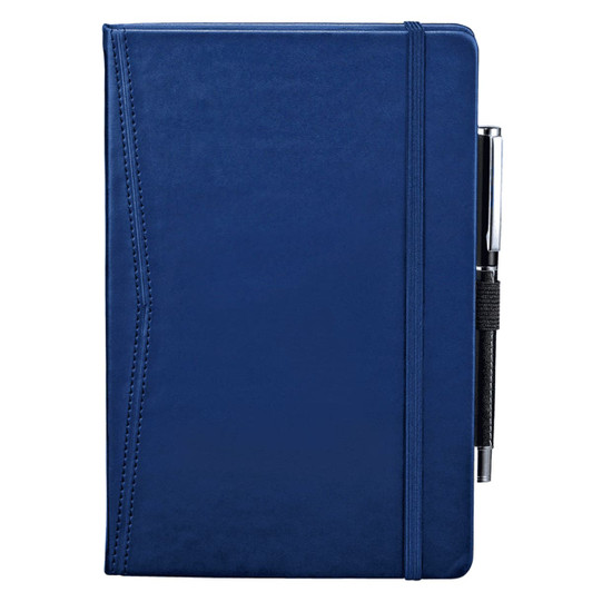 A navy blue pocket-bound journal with an elastic band and a pen attached. It features a sleek, smooth cover.
