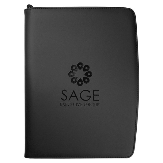 A A4 compendium in black imitation leather featuring a logo on the front cover. 
