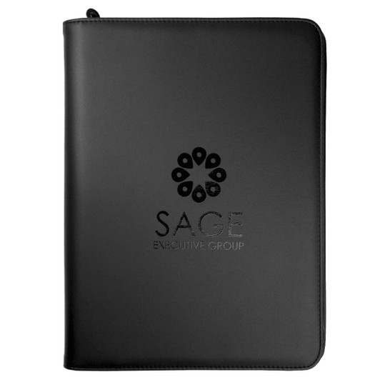 A black imitation leather A4 compendium featuring a logo on the front cover.