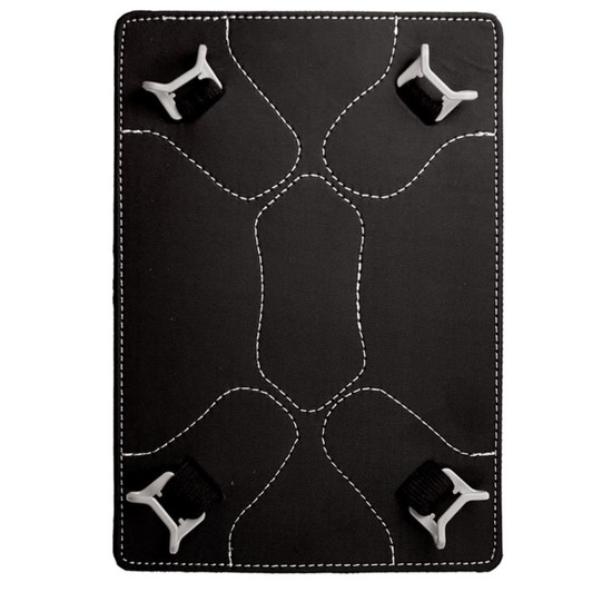 A black iPad holder for a compendium, featuring four white clips and contrasting stitching.