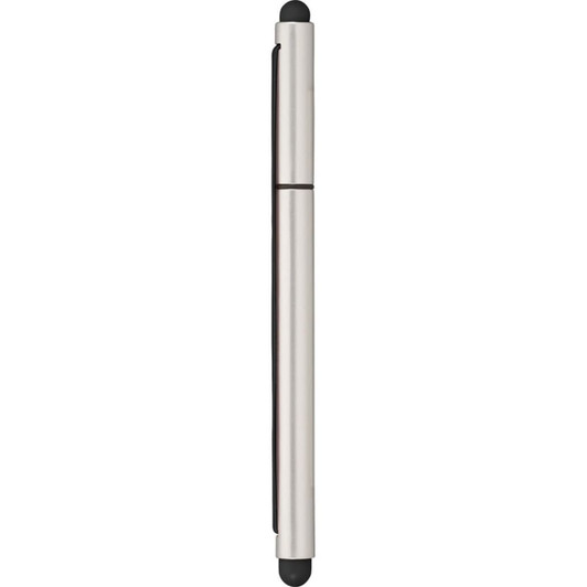 A stylus pen in silver with black tips at both ends and a minimalistic design. It includes a logo.
