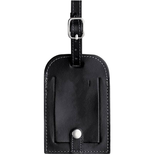 A black leather luggage tag with a metal buckle and a slot for identification. Features stitching details and a logo.