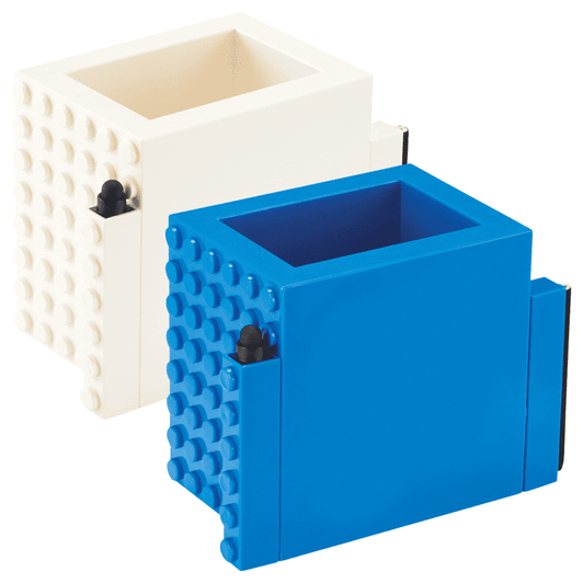 A blue and white pen pot with a block design, featuring a logo and two separate compartments for storage.