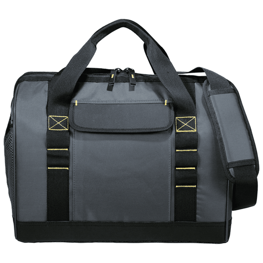A grey cooler bag with black straps and accents, featuring a front pocket and a detachable shoulder strap.