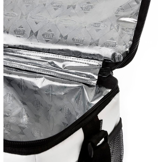 A cooler bag in white with a silver insulated interior, featuring a zippered closure and mesh side pocket.