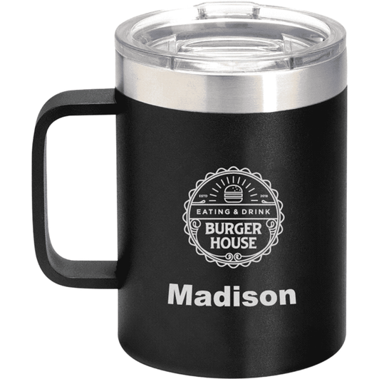 A black thermal mug with a stainless steel lid, featuring a logo and the name “Madison” printed on it.