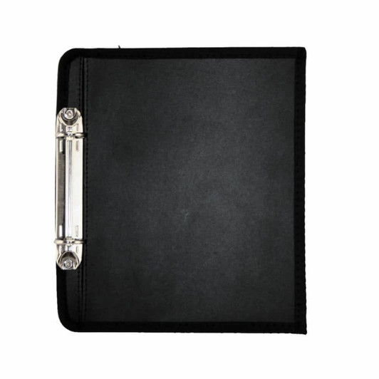 A black A5 binder with a clip mechanism, featuring a durable cover and a simple design.