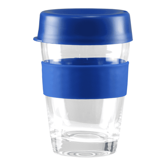 A transparent glass coffee cup with a blue silicone lid and sleeve, holding 340ml of liquid.