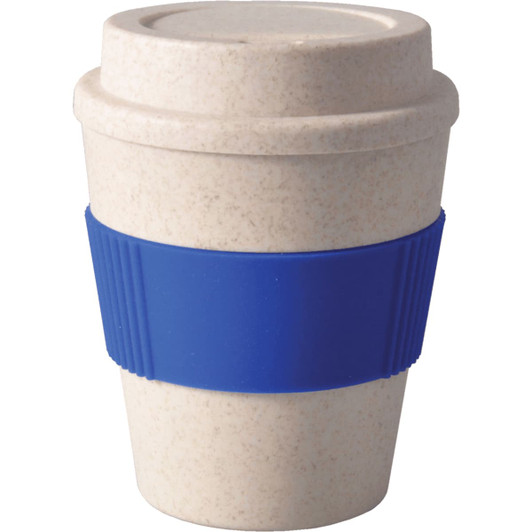 A drink bottle featuring a cream-coloured body with a blue silicone grip, designed as a reusable coffee cup.