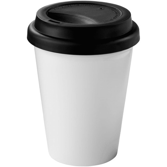 A drink bottle featuring a white body and black lid, designed as a 350ml antibacterial insulated tumbler.