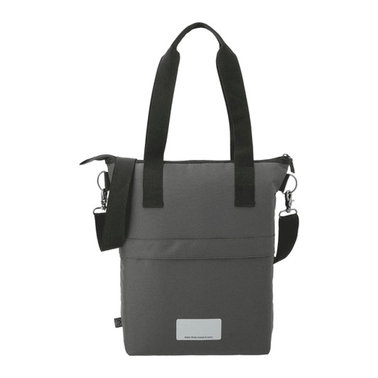 A grey laptop tote bag featuring adjustable straps and a logo on the front. Made from recycled materials.