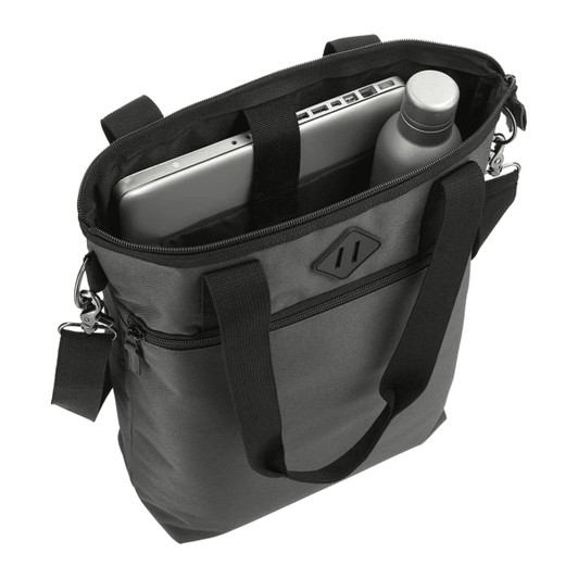 A black laptop tote bag with a grey laptop and a drink bottle inside. The bag features dual handles and a logo.