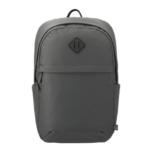 A grey 19L computer backpack made from Repreve recycled material, featuring a logo and multiple pockets.