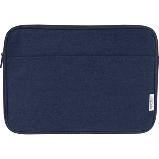 A navy blue laptop sleeve made from recycled canvas, featuring a zip closure and a logo.