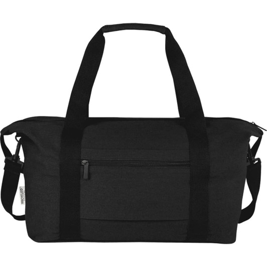 A black recycled canvas sports bag with dual handles and an adjustable shoulder strap. It features a front zip pocket.