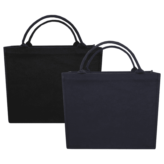 A black and dark navy recycled tote bag with dual handles, featuring a subtle logo on one side.