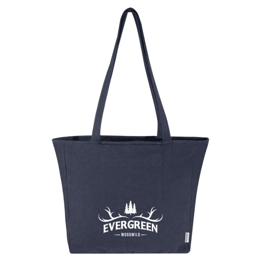 A navy tote bag featuring a logo and a stylish design with antlers and trees.