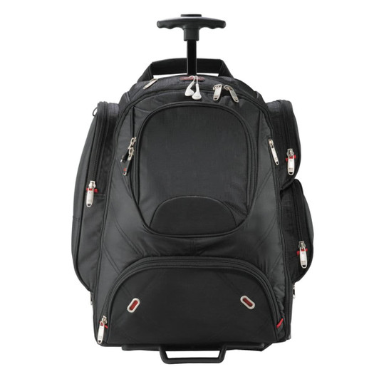 A black wheeled backpack with multiple compartments and a retractable handle. Features a logo on the front.